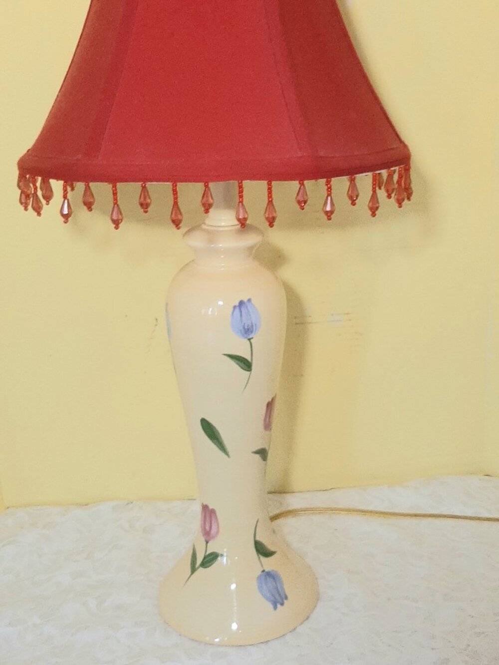Dopamine Decor . Hand painted Tulips on Yellow Ceramic Table Lamp